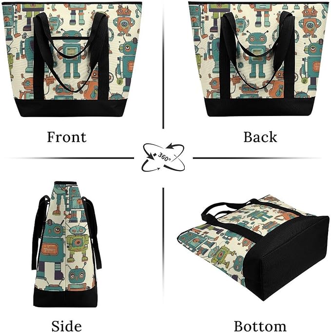 Insulated Shopping BagLarge Reusable Cooler Bags Cute Cartoon Robots Printed Foldable Shopping BagTravel Waterproof Shoulder Bag