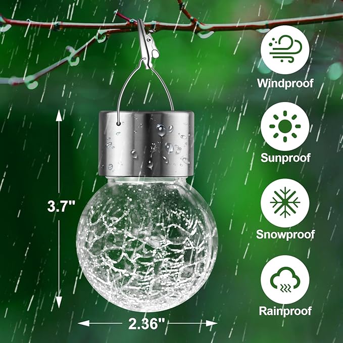 32 Pack Hanging Solar Lights Outdoor Decorative Waterproof Solar Globe Lantern with Handle and Clip Solar Powered Cracked Glass Ball Lights for Garden Yard Patio Fence Tree Umbrella Holiday Décor
