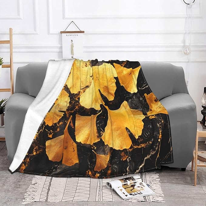 Golden Ginkgo Leaves Soft Fleece Blanket 60 * 50 inch Soft Sofa Blanket Suitable for Sofa Camping Travel Night Cover Blanket