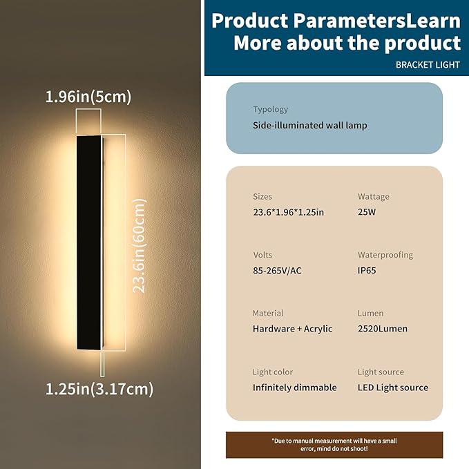 23.6inch Exterior Wall Lights for House Modern Outdoor Wall Sconce Dimmable 3000K-6000K IP65 Waterproof Outside Long Strip Light Wall Mount Lighting for Porch Garage with Remote Control