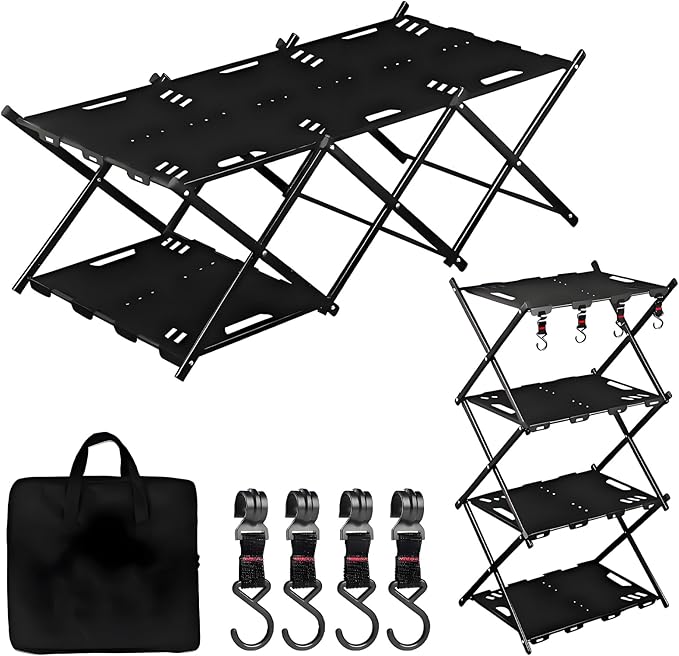 Portable Camping Table &amp Shelf 2-in-1Folding Carbon Steel Picnic Rack 37 4-Tier Storage Cook Station with 4 HooksPerfect for Party Dining Camping BBQ Indoor Outdoor
