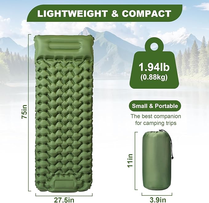 Ultralight Air Pad: 1.9lbs Camping Mattress with Pillow &amp Foot Pump - 4 Thick with One-Second Deflation for Easy Backpacking