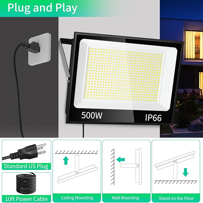 500W LED Flood Light Outdoor with Plug+10ft Cable 60000LM Ultra Brighter 5000K Exterior Security Light IP66 Waterproof Commercial Lighting for Sports Fields Counts Arena Stadium(2 Pack)