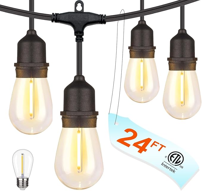 24 Feet Outdoor String Lights | IP65 Waterproof with 13 Shatterproof LED Bulbs | Warm White Patio Lights for Garden Cafe &amp Wedding - 5-Minute Tangle-Free Setup with Hooks