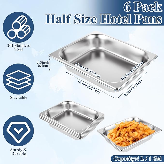QTLCOHD 6 Pack Half Size Hotel Pans 1/2 Inch 2.5 Inch Deep Stainless Steel Steam Table Pan Commercial Food Pan for Chafing Dishes Breading Trays for Hotel Party Buffet Catering Supplies