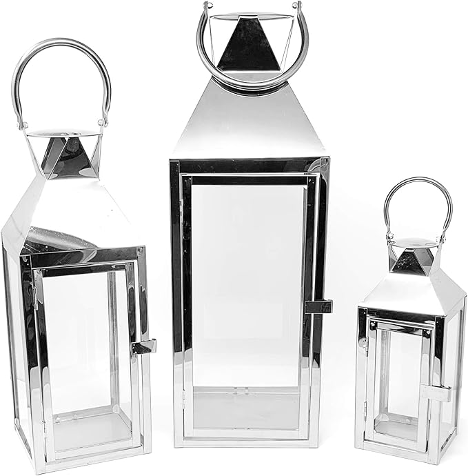 Allgala 3-PC Lantern Set 24 Inch Jumbo Deluxe Modern Indoor/Outdoor Candle Lantern Set Silver Stainless Steel Frame Tempered Glass Pyramid Top for Garden Poolside Fireplace Wedding