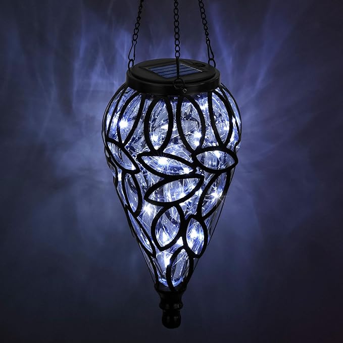LEWIS&ampWAYNE Solar Hanging Lantern Outdoor Lights Tear-Shaped 15 LEDs Cool White Hanging Lights with S Hooks Decor in Garden Yard Pathway Front Door and Landscape