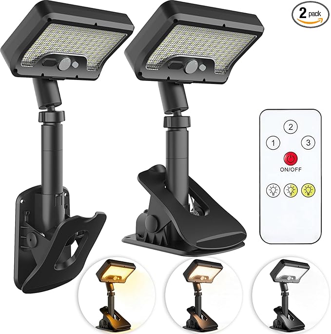 Pacify Clip On Solar Lights Outdoor with Motion Sensor 92 LEDs 600LM Solar Fence Lights IP65 Waterproof Adjustable Security Lights for Gutter Deck Yard (2 Pack with Remote Control Adjusts 3 Colors)