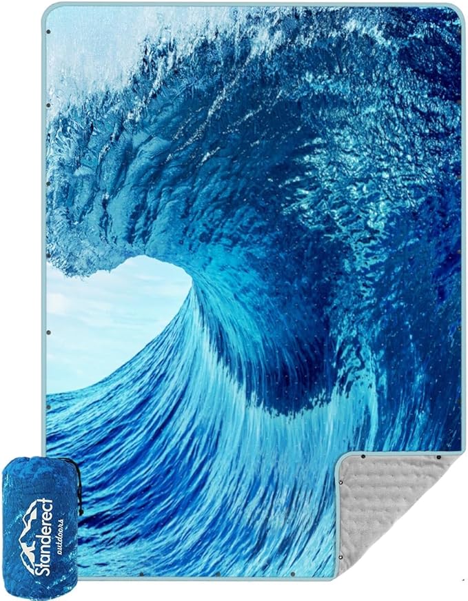 Outdoor Camping Quilt Warm Thick Blanket with Polar Fleece Packable Down Wearable Camp Blankets with Snap Buttons Soft Puffy Camping Quilt for Cold Weather (Waves 76'' x 56'')