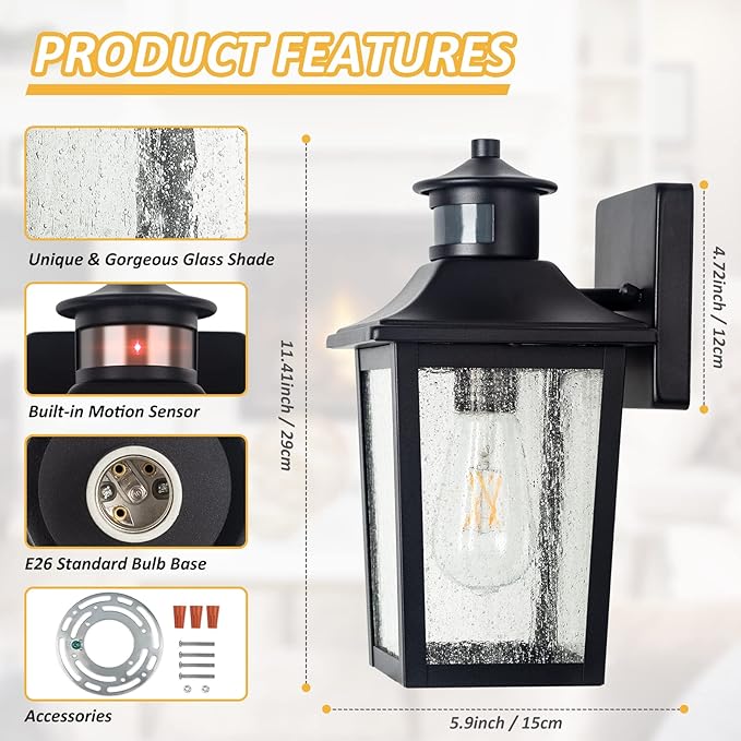 2 Packs Motion Sensor Outdoor Wall Lights - Black Dusk to Dawn Outdoor Lighting LED Waterproof Exterior Garage Light Fixture Modern Porch Light Outside Wall Mount for Front Door House Anti-Rust