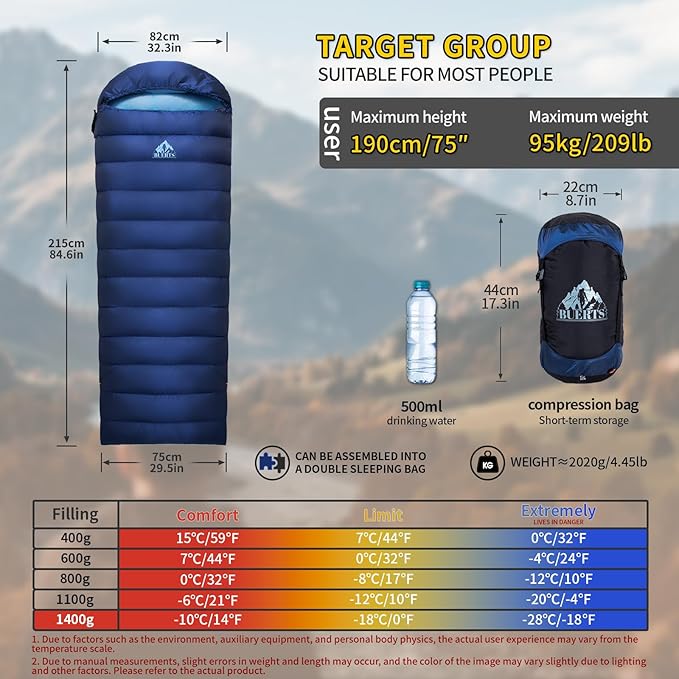 Down Sleeping Bag for Adults. 680FP Ultralight Portable Backpacking Sleeping Bag for Hiking Camping Mountaineering expeditions and Backpacking. with Compression Sack