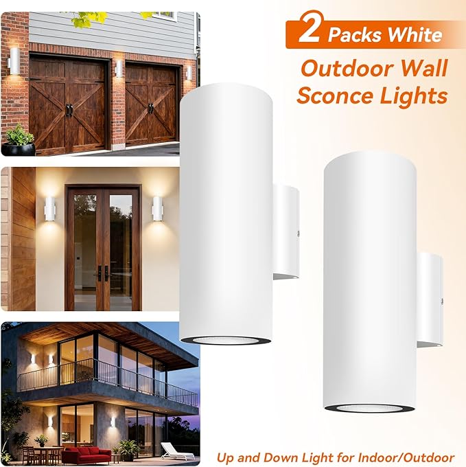 JO.KO Porch Light in 2 Lights Cylinder Wall Lights 10.24 2 Pack Up Down Lights 2700K Warm White Waterproof Wall Sconce AluminumExterior Light Fixture Wall Mount White