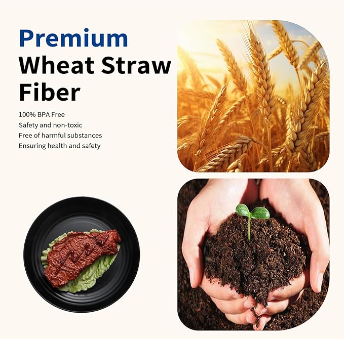 32 pcs Wheat Straw Dinnerware Sets Kitchen Plates and Bowls Sets for 8 Plastic Plates Reusable Dishes Set Outdoor Camping and Dinning Essentials Dishwasher Safe Black