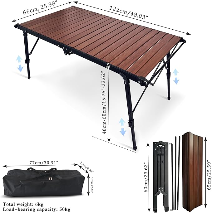 Folding Camping Table Aluminum Heavy Duty Adjustable Height Foldable Table 4FT Max Loads UP 110LBS Lightweight Portable with Carry Bag for Car Travel Indoor &amp Outdoor Picnic BBQ Backyards Beach