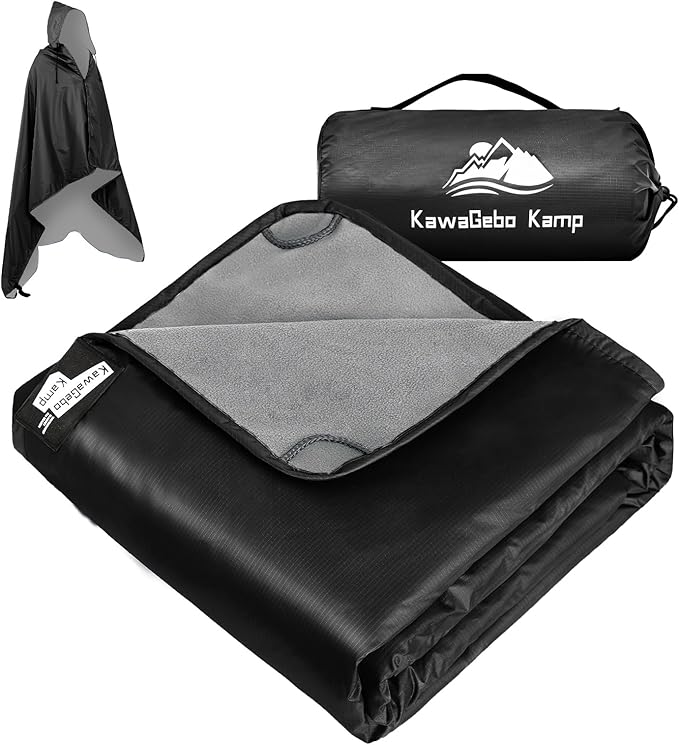Fleece Waterproof Outdoor Blanket - Windproof Stadium Blanket for Camping Picnics and Sports Stay Dry and Comfortable 80x 58(Hoodeed Black)