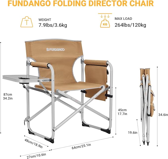FUNDANGO Aluminium Camping Director Chair with Armrest Portable Lightweight Folding Outdoor Camping Chair with Side Table &amp Umbrella Holder Full Back Lawn Chair for Camping Fishing Picnic Stadiu