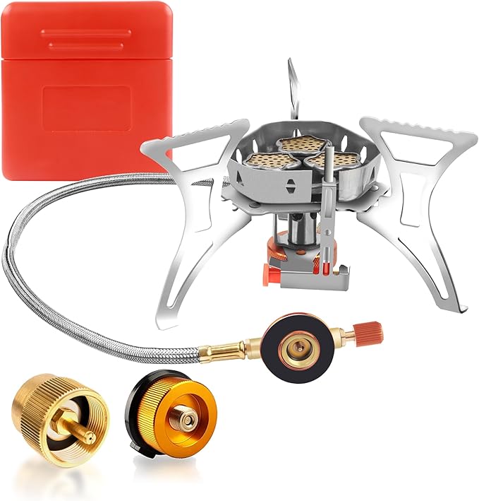 6800W Camping Stove with Piezo Ignition Portable Backpacking Gas Stove 1LB Propane Tank Adapter Butane Adapter for Outdoor Cooking Picnic Camping and Hiking