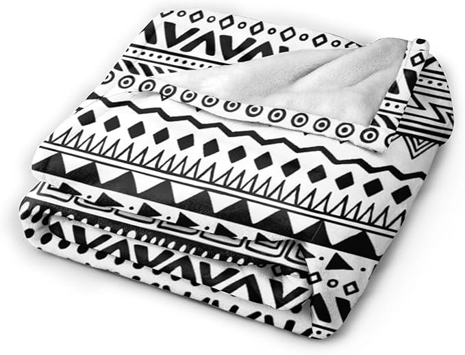 80X60 Tribal Print Black and White Aztec Pattern Boho Lightweight Flannel Blanket - Soft and Breathable Polyester Suitable for Travel Camping and Home Decoration