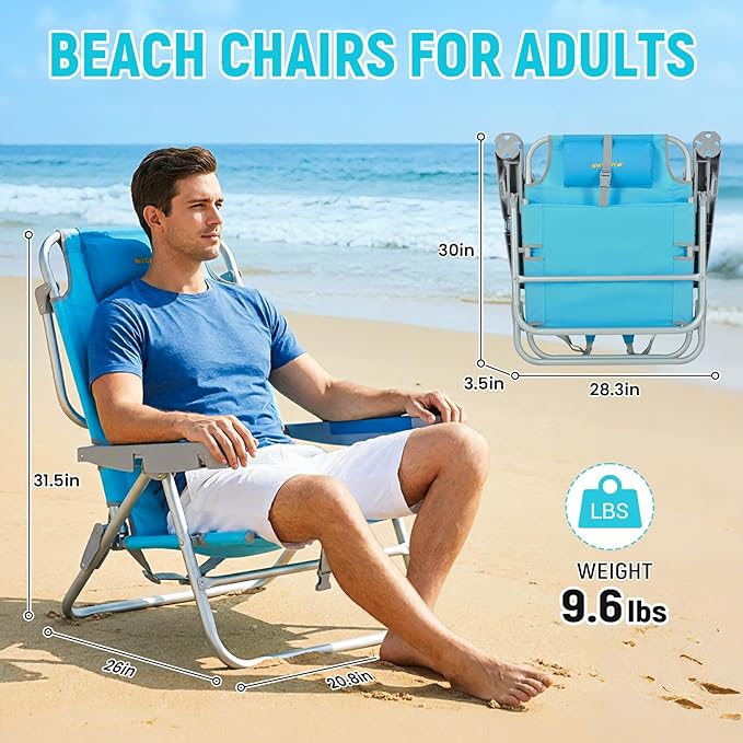 #WEJOY Extra Wide Beach Chairs for AdultsReclining 5 Adjustable Position Folding Beach Chairs with Cup Holder Lightweight Aluminum Backpack Beach Chair with Padded headrest500 LBS Heavy Duty