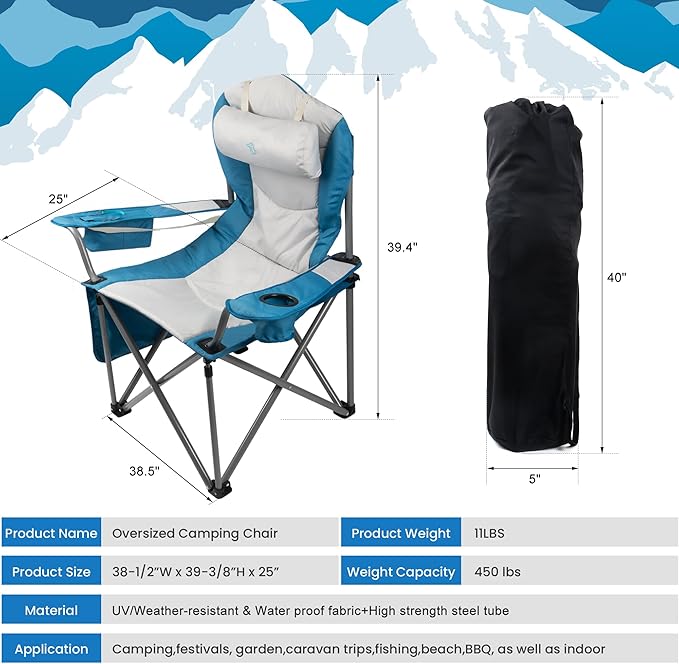 Double Padded Oversized Folding Camping Chair Folding Beach Chair for Adults with Lumbar Support &amp Headrest Camping Chair with Armrest Cooler Bag Side Pocket Cup Holder Blue&ampWhite
