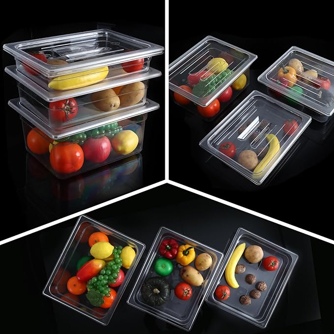 6 Pack 1/2 Size 4'' Deep Clear Food Pans with Lids Commercial Food Pans Polycarbonate Transparent Food Storage Containers Stackable Plastic Pan with Capacity Scale Restaurant Supplies Hotel Pan