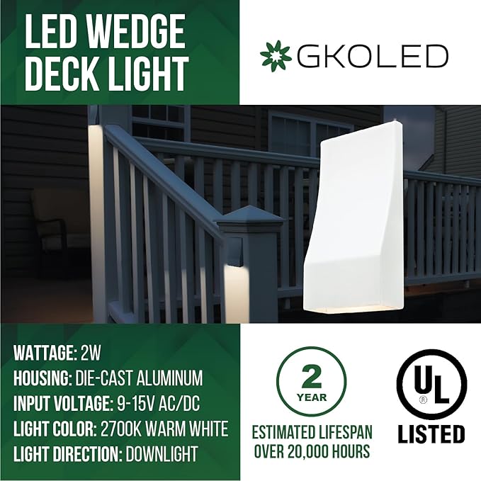 GKOLED Low Voltage LED Wedge Deck Rail Light Landscape Railing Post Fence Accent Lighting 12V AC/DC 2W 2700K Integrated LED Chips Die-cast Aluminum Powder Coated Finish IP65 Rated White 6-Pack