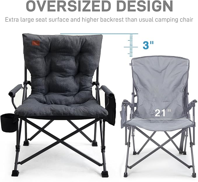 EVER ADVANCED Padded Oversized Folding Camping Chair for Adults Heavy Duty Lawn Chair with Side Pockets Portable Collapsible Quad Chair for Outside Support Up to 500lbs Black