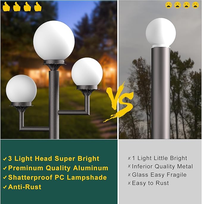 79'' Outdoor Post Lights Waterproof Triple Head Street Light Pole Lamp for Outside with 3Pcs 10W LED Bulbs IP65 Outdoor Lamp Post Light for Garden/Yard-Brown