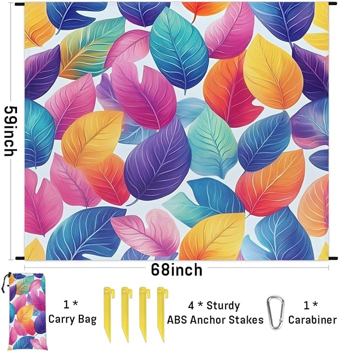 Waterproof Sandproof Beach Blanket 59''×68'' Tropical Leaves Polyester Outdoor Picnic Blanket with 4 Stakes &amp Storage Bag for BeachCampingVacation Colored