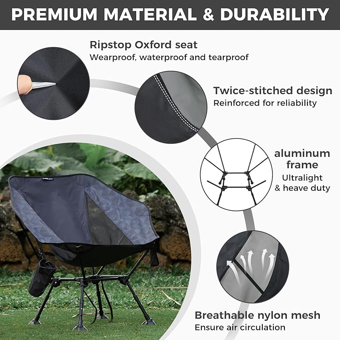 ATEPA UFO3.0 Backpacking Camping Chair Ultralight Extra Wide Comfortable Folding Chairs Heavy Duty Portable Hexagon Ergonomic Height Adjustable Seat with Anti-Sinking Feet for Hiking Outdoor Black