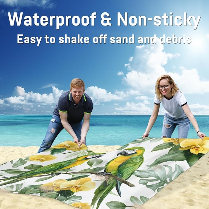 Waterproof Sandproof Beach Blanket 59''×68'' Jungle Bird Polyester Outdoor Picnic Blanket with 4 Stakes &amp Storage Bag for BeachCampingVacation Parrot