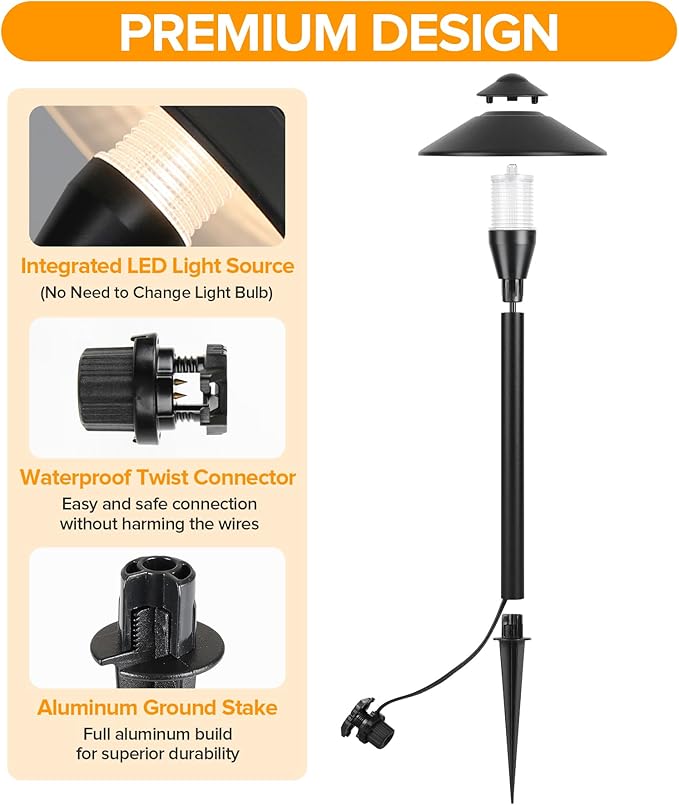 LUTEC 12V Low Voltage Pathway Lights Die-cast Aluminum Pathway Lights with ConnectorsIP65 Waterproof Outdoor Landscape Lighting 3W 240LM Warm White 3000K for Path Yard Garden 8 Pack