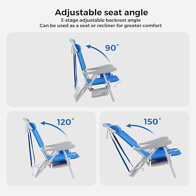SUNNYFEEL Portable Beach Chair Lightweight Beach Chair for Adults Folding Camping Chair with Side Table &amp Organizer Bag 3 Position Adjustable Support 300lbs Heavy Duty Low Back Blue 2 Pack