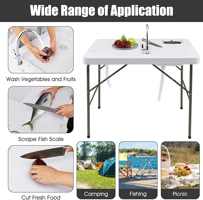 Giantex Fish Cleaning Table w/ 2 Sinks Faucet Hose Hook Up Portable Folding Camping Table w/Measure Mark Outdoor Fillet Cleaning Station for Fishing Beach Picnic (with Sprayer &amp Storage Shelf)