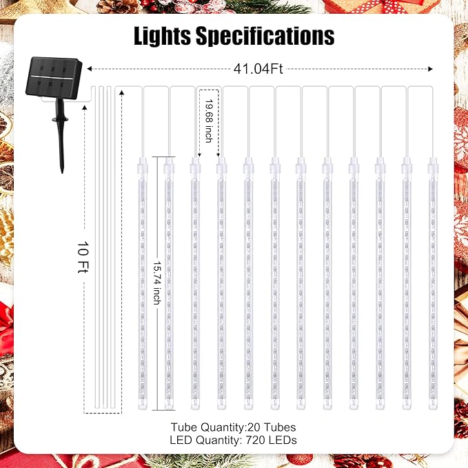 Brightown Meteor Shower Lights 20 Tubes 16 Inch 720 LED Solar Christmas Lights Outdoor Waterproof Snow Cascading String Lights for Outside Christmas Halloween House Tree Decoration Warm White