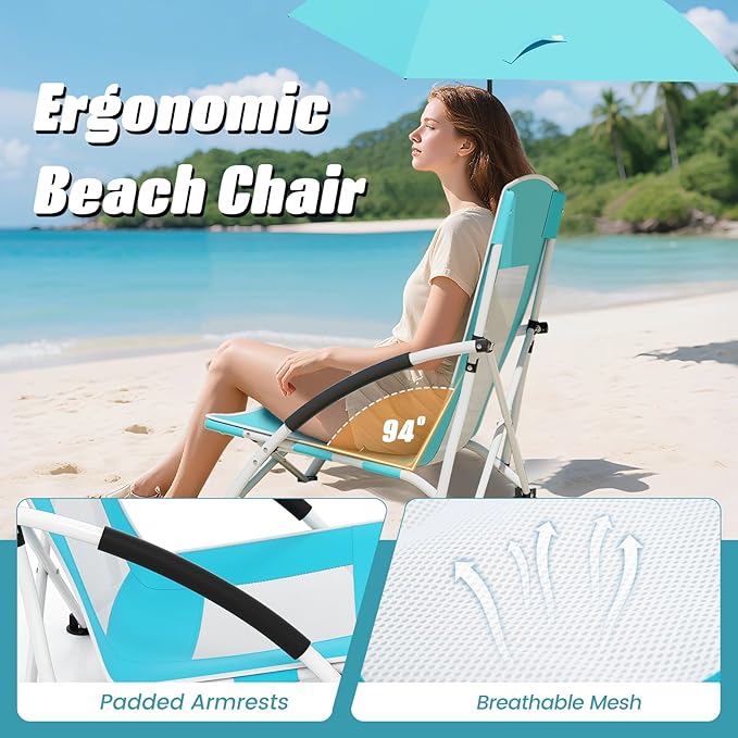 Giantex Low Folding Beach Chair with Detachable &amp Adjustable Umbrella Carrying Bag Padded Armrests Mesh High Back Load 330 LBS Anti-Slip Foot Pads Camping Chair for Picnic Lawn Blue