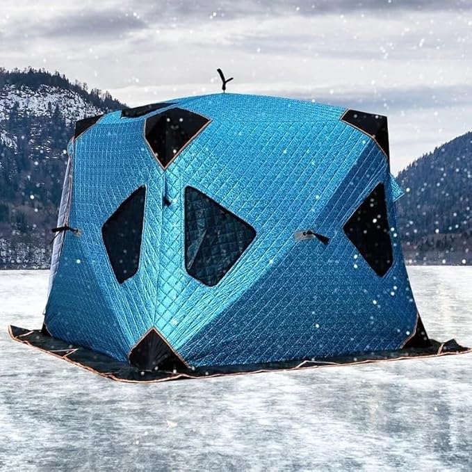 Pop-Up Portable Ice Fishing Tent with Carry Bag Insulated Ice Fishing Shelter with Two Doors &amp Six Windows 3-4 Person
