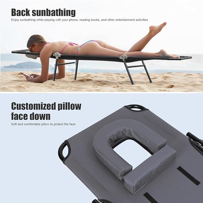 Patio Lounge Chair Folding Heavy Duty 330LB Loading Chaise Chair Adjustable Portable Chair for Home Garden Beach Office Nap Camping Sleeping