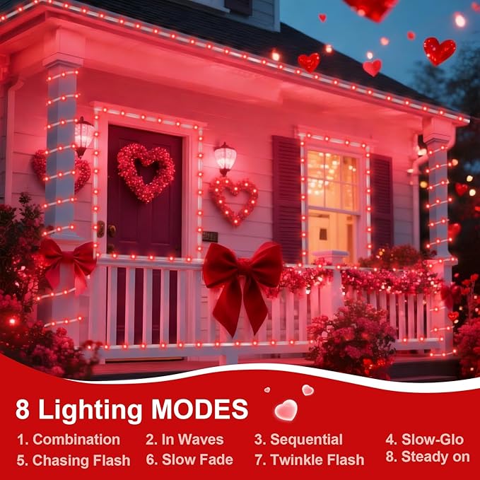 QITONG Red Solar Rope Lights Outdoor 2 Pack Each 33ft 100LED String Light 8 Modes Fairy Lights in Clear Thin Tube with 8 Modes