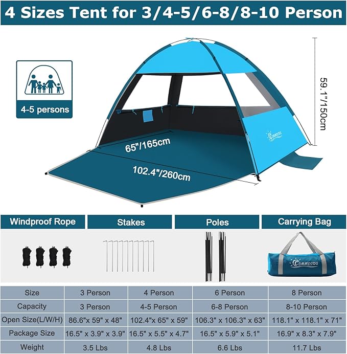 COMMOUDS Beach Tent Sun Shade for 3/4/6/8 Person UPF 50+ Beach Sun Shelter Canopy Tent Lightweight Easy Set Up and Carry