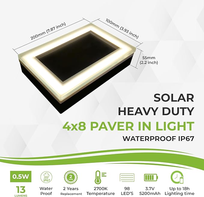 LUMENGY Solar Paver Light 4×8 inch (3.93x7.87) Stainless Steel with Tempered Glass 2700K Warm White Glare-Free Lighting for Driveways Walkways and Patios IP67 Waterproof Drive-Over Rated