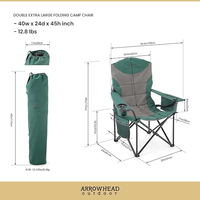 ARROWHEAD OUTDOOR Oversized XXL Portable Folding Camp Chair w/Glass &amp Cup Holders Armrest Cooler Carry Bag 600 lbs Max Weight Load