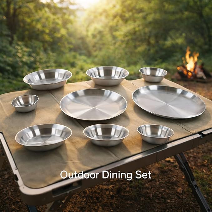 12pcs Camping Dinnerware Set Stainless Steel Plates Bowls Cutlery with Storage Bag - Durable &amp Reusable Outdoor Mess Kit for Hiking Picnic &amp Family Camping