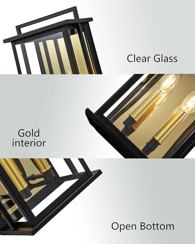 Outdoor Wall Lights with Clear Glass Black Exterior Porch Lights Wall Mount Outdoor Wall Sconce with Gold Candelabra Interior Wall Lantern Patio Light Fixture for House Entryway Garage