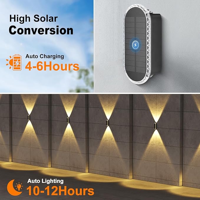 Ellasay 8 Pack Fence Lights Solar Powered Up and Down Focus LED Solar Wall Lights Outdoor IP67 Waterproof Solar Lights for Outside Patio BackyardPorchRailing3 Color Modes