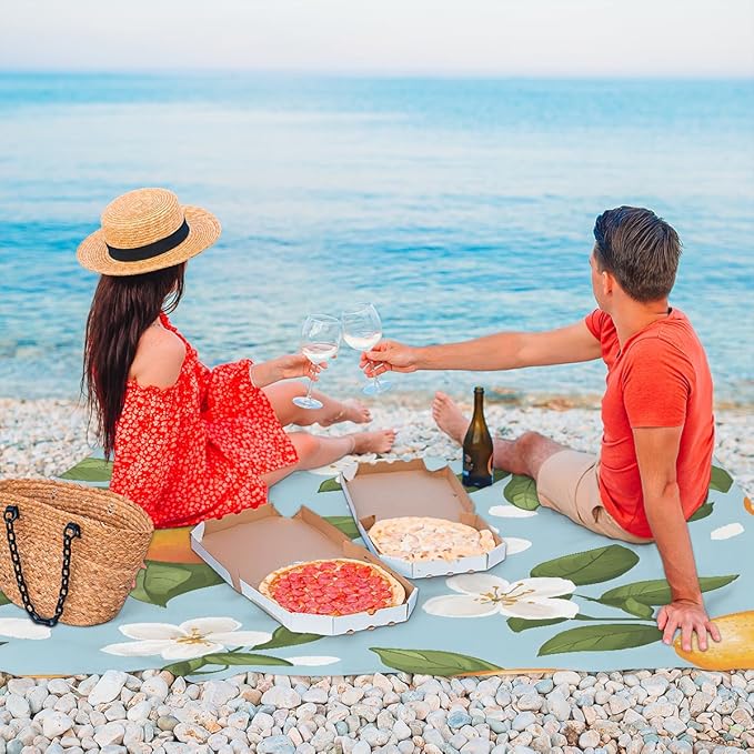 Waterproof Sandproof Beach Blanket 59''×68'' Fruit Orange Blossom Polyester Outdoor Picnic Blanket with 4 Stakes &amp Storage Bag for BeachCampingVacation