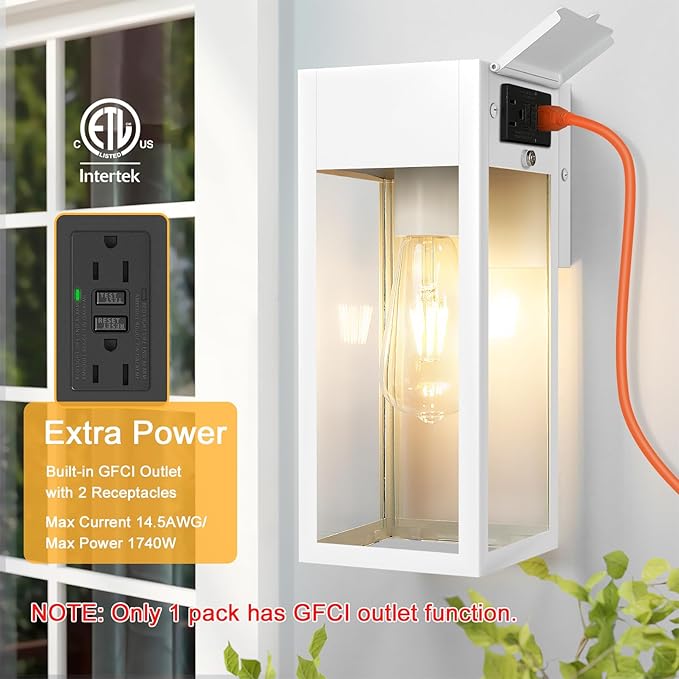 2 Pack Porch Lights Outdoor Wall Sconce Outdoor Light with GFCI Outlet Waterproof Exterior Wall Lantern Light Fixtures Anti-Rust Wall Lamp with Clear Glass for Patio Doorway Garage- White
