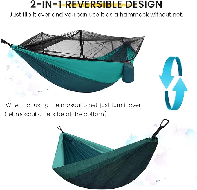Camping Hammock with Mosquito Net &amp Rain Fly Tent Tarp &amp Tree Straps Portable Strong Nylon Hammock Parachute Tent w/Storage Bag for Camping Hiking Backyard Outdoor Backpacking Travel