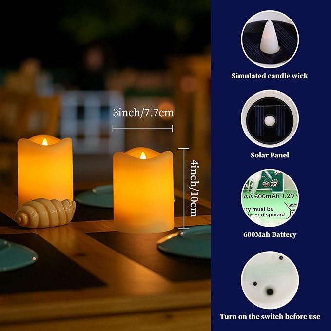 Solar Candles for Lanterns 4Pcs Christmas Decor 3''x4'' Solar Powered Rechargeable Candles Outdoor Waterproof Flickering Glow Dusk to Dawn Auto On/Off Replaceable Battery Decor for Garden