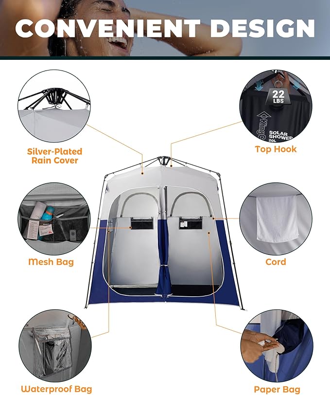 KingCamp Instant Shower Tent Portable Superior Stable Privacy Shelter 2 Large Rooms Outdoor Toilet Tent with Floor for Beach Camping &amp Hiking Setup in Under 60s